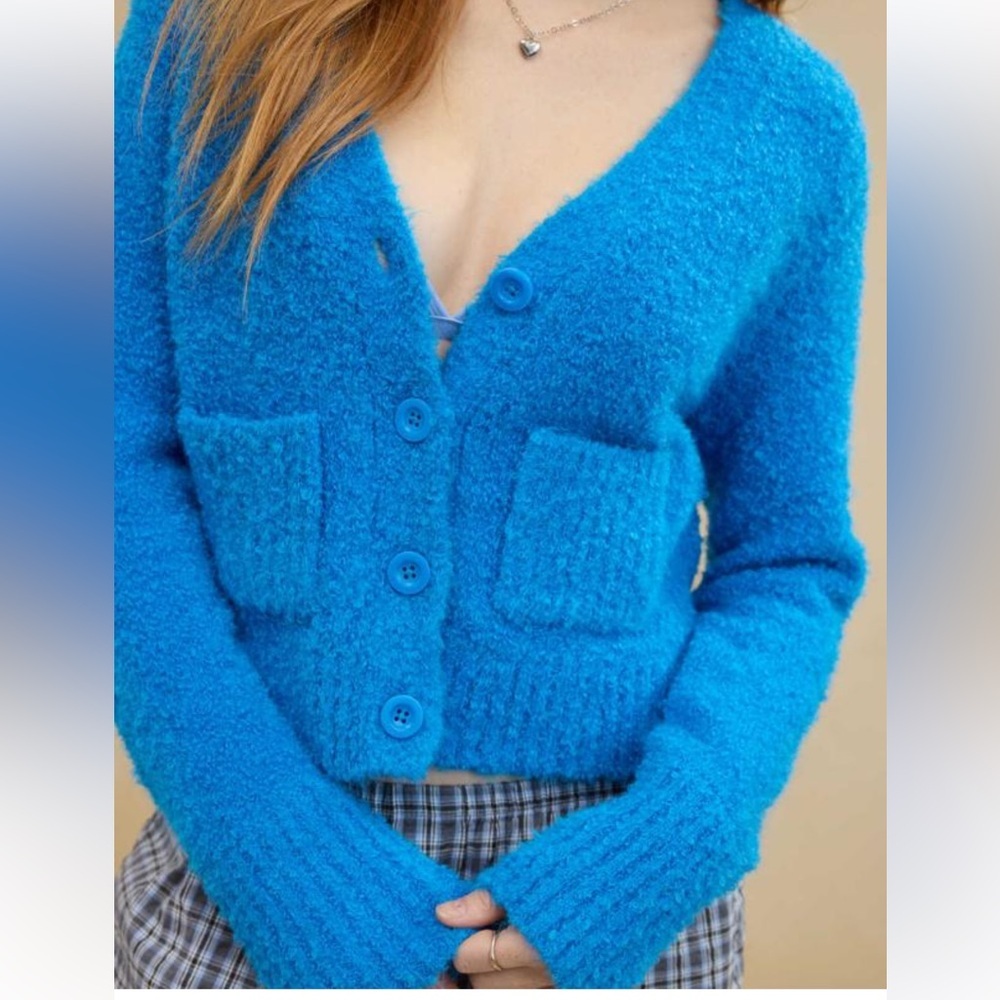 Aerie Teddy Boucle V Neck Button Front Cardigan